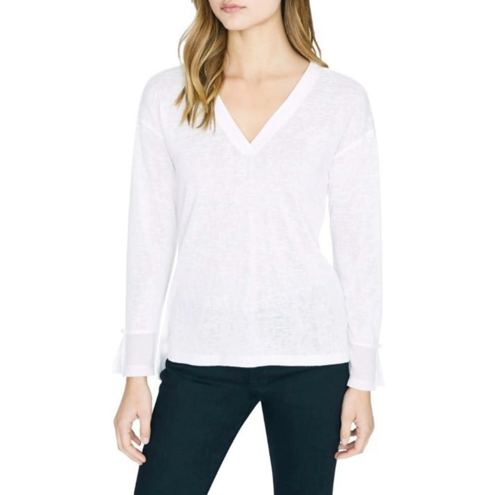 Sanctuary V Neck Mixed Media Sweater Blouse, Sheer Cuffs, White Size L Slim Fit